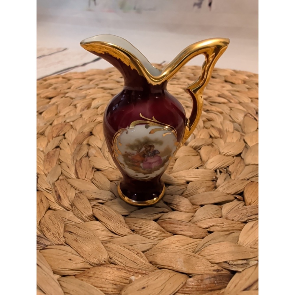 Vintage Limoges Veritable France Mini Pitcher 22K Gold Gilt Trim Courting Couple
